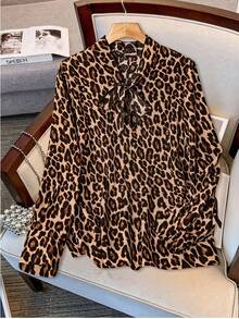大码女士时尚优雅豹纹衬衫，蝴蝶结领长袖宽松衬衫，适合春、夏、秋季日常通勤和休闲穿着，面料柔软舒适，女士款。 - 豹紋 - 查看 7
