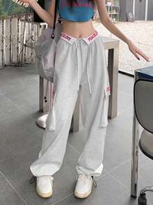 Women's High Waist Letter Embroidery Hiphop Loose Casual Wide Leg Sweatpants, American Street Style, Autumn/Winter