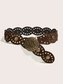 1pc Women's Bohemian Style Brown Patchwork Vintage Bull Head Metal Buckle Retro Leather Belt, Suitable For Dresses, Jeans, Music Festival, Commuting Outfit - Brown Bull Head - View 14