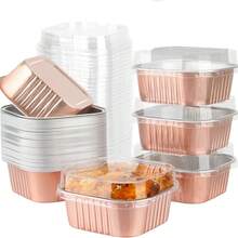 50 moldes de pastel de horneado de aluminio desechables con tapa pueden ser hornos de microondas respetuosos con el medio ambiente en varios colores. - Oro rosa - Ver 6
