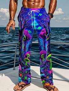 1pc Men'S Neon Glow-In-The-Dark Pants - Loose-Fit Straight-Leg Trousers With Neon Glow-In-The-Dark Print, All-Over Neon Colors (, Pink, Green, Purple, Orange, Yellow, Red) - Casual & Formal Outfits - Machine Washable - Ideal For Parties, Fishing - 彩色 - 查看 2