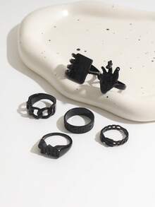 6pcs/Set Punk Style Drip Oil Heart Letter Poker Card Rings Set For Women - Black - View 2