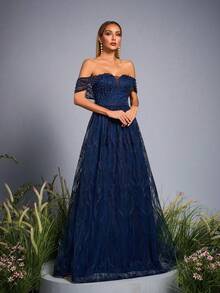Đầm maxi dáng chữ A trễ vai màu xanh hải quân đính hoa và hạt cườm của Anpoket, trang phục mùa hè thanh lịch dành cho nữ, thích hợp cho dạ hội, tiệc tối, tiệc tùng và lễ hội. - Màu xanh hải quân - Xem 3