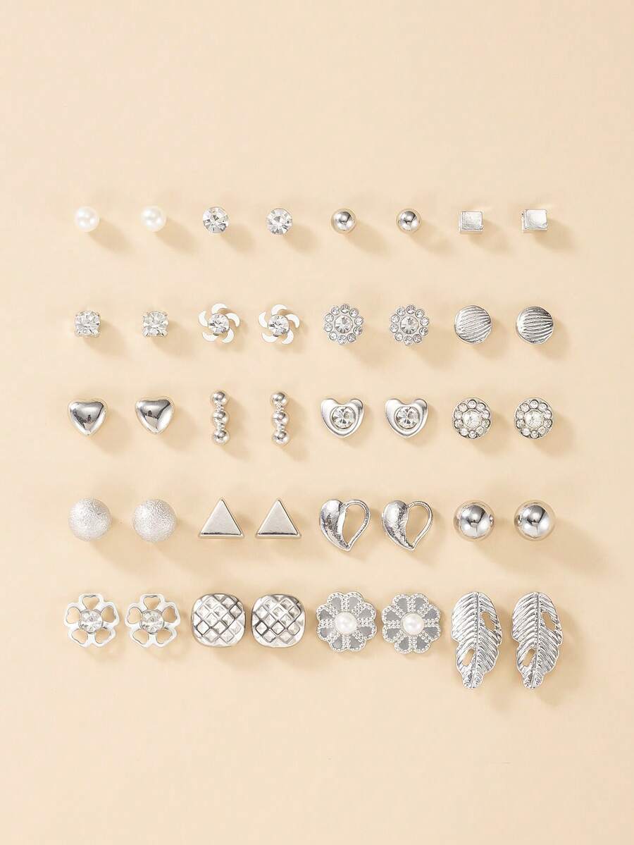 40pcs/Set Fashionable Minimalist Metal Rhinestone & Glass Stud Earrings Set, Floral & Letter Design, Jewelry Gift Set For Women, Suitable For Daily Wear - Silver - View 1