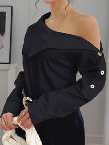 Women's Solid Color Asymmetric Collar Long Sleeve Button Design Casual Shirt Black Spring - Black - View 5