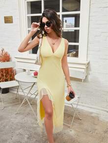 Halouya Women's Elegant Lace Patchwork Zipper High Slit Ruffle Hem Net Splice Wedding Guest Dress, Suitable For Summer Evening Dates And Parties - Yellow - View 6