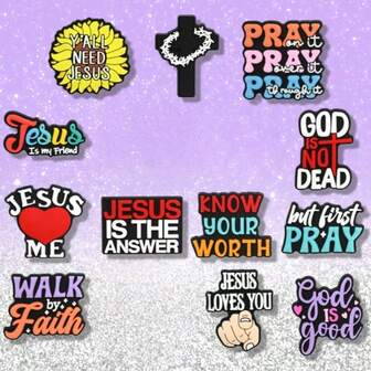 12 st religiöst tema, klassiska och unika, inspirerande oändlig kreativ inspiration. Lämplig för gör-det-själv-dekoration, oavsett om det gäller att dekorera skor, väskor, armband eller som festpresenter, högtidsdekorationer, små födelsedagspresenter, kan visa upp unika och personliga.