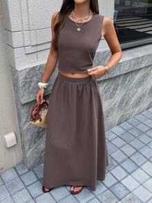 Look Polly Women's Spring Summer 2-Piece Casual Solid Color Hollow Lace Strap Tank Top, Umbrella Bottom Skirt - Coffee Brown - View 5