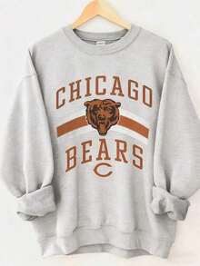 Vintage Chicago- Football Crewneck Sweatshirt, Football T-Shirt, Chicago Game Day , Sweatshirt-New Fall & Winter Apparel - Unisex Long-Sleeved Loose-Fitting Cotton Blend Hoodies In Casual Couple Style Heart Print Crew Neck Sweatshirt,Ladies Casual Crew Neck Pullover,Ladies Cozy Valentine's Day Loungewear Crew Neck Sweatshirt - 灰色 - 查看 12