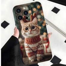 2026 nueva funda de teléfono esmerilada, funda de teléfono con estampado de gato navideño con gafas y suéter para iPhone 17 14 13 12 11 Pro Max Se  Galaxy S23 S22 S21 A54 A53 A52 A34 A33 A32 funda protectora regalo de pareja para él y ella presente de vacaciones - Blanco antiguo - Ver 7
