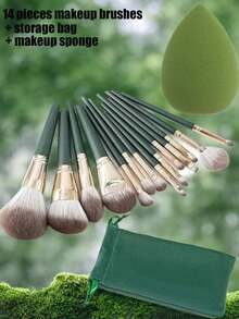 15 Pieces Of Makeup Brushes Include 14 Soft And Fluffy Professional Makeup Brushes, And The Beauty Eggs Are Equipped With A Storage Bag. They Are Very Suitable For Travel Use. These Brushes Are Suitable For Applying Foundation, Eyeshadow And Blush, And Are Excellent Tools For Applying Eye Shadow, Drawing Eyeliner, Priming And Mixing Colors. The Multi-Functional Kabuki Makeup Brushes Are Specially Designed To Create Perfect Makeup. - Green - View 1