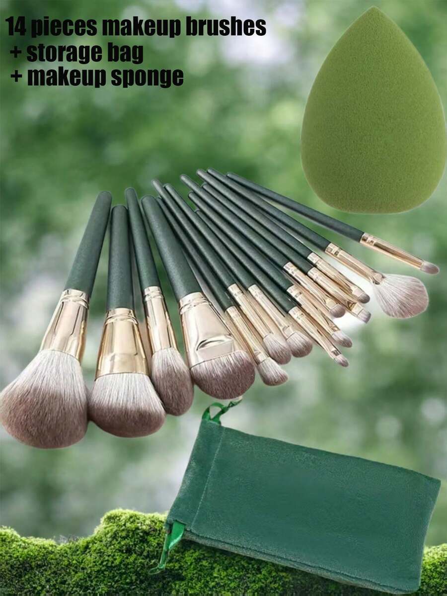 15 Pieces Of Makeup Brushes Include 14 Soft And Fluffy Professional Makeup Brushes, And The Beauty Eggs Are Equipped With A Storage Bag. They Are Very Suitable For Travel Use. These Brushes Are Suitable For Applying Foundation, Eyeshadow And Blush, And Are Excellent Tools For Applying Eye Shadow, Drawing Eyeliner, Priming And Mixing Colors. The Multi-Functional Kabuki Makeup Brushes Are Specially Designed To Create Perfect Makeup. - Green - View 1