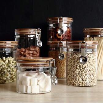 1个不锈钢夹盖密封玻璃罐，高硼硅玻璃咖啡罐套装，厨房储物密封罐，玻璃密封罐，厨房收纳整理 - 5种尺寸可重复使用玻璃罐