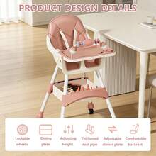 BITORQUATOS 5-In-1 Protable Baby High Chair With Tray, Toy Rack & Storage Basket, Adjustable Feeding Seat With PU Cushion And Wheels (Pink) - Pink - View 5