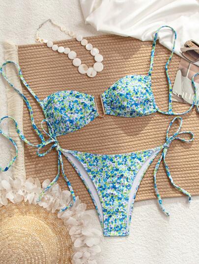 wohenmeili 女士夏季沙滩碎花系带性感比基尼泳衣套装