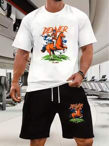 Men's Black T-Shirt And Shorts Set Denver Horse Rider Graphic Print Gym Workout Outfit - White - View 11