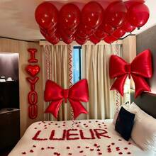 Red Valentine's Day Bow Balloon Set. Includes Extra Large Red Bow Foil Balloon, Red & Black Ombre Petal Balloons, Suitable For Valentine's Day, Birthday Decor, Engagement Party, Bridal Shower, Party Decoration, Home Decor, Anniversary. - Multicolor - View 2