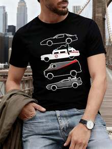 T-shirt da uomo con stampa grafica di auto retrò, materiale di alta qualità, girocollo, vestibilità comoda, stampa artistica - nero - Visualizzare 1