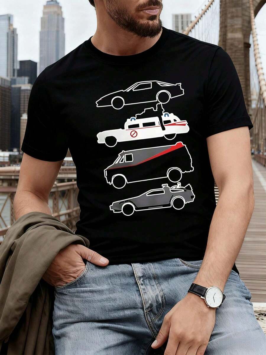 T-shirt da uomo con stampa grafica di auto retrò, materiale di alta qualità, girocollo, vestibilità comoda, stampa artistica - nero - Visualizzare 1
