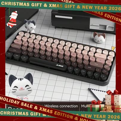 ATTACK SHARK Teclado inalámbrico Bluetooth FELICON 308i, diseño retro de máquina de escribir con teclas redondas de colores degradados y muñeca magnética de gato linda, 84 teclas, teclado multidispositivo para iPad/Portátil/PC/Windows