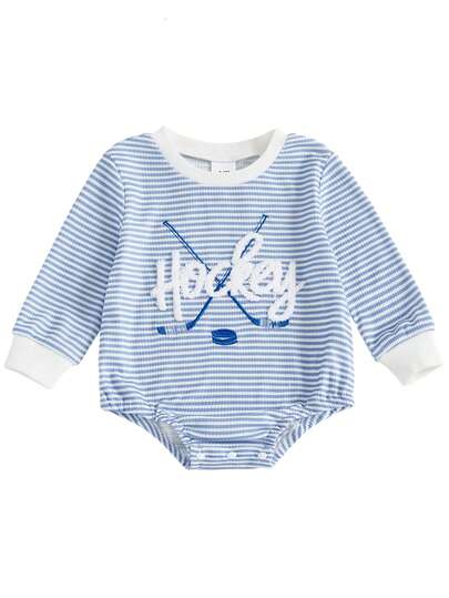 男婴条纹撞色圆领长袖毛巾布刺绣英文字母足球图案连体衣，秋冬足球假日版