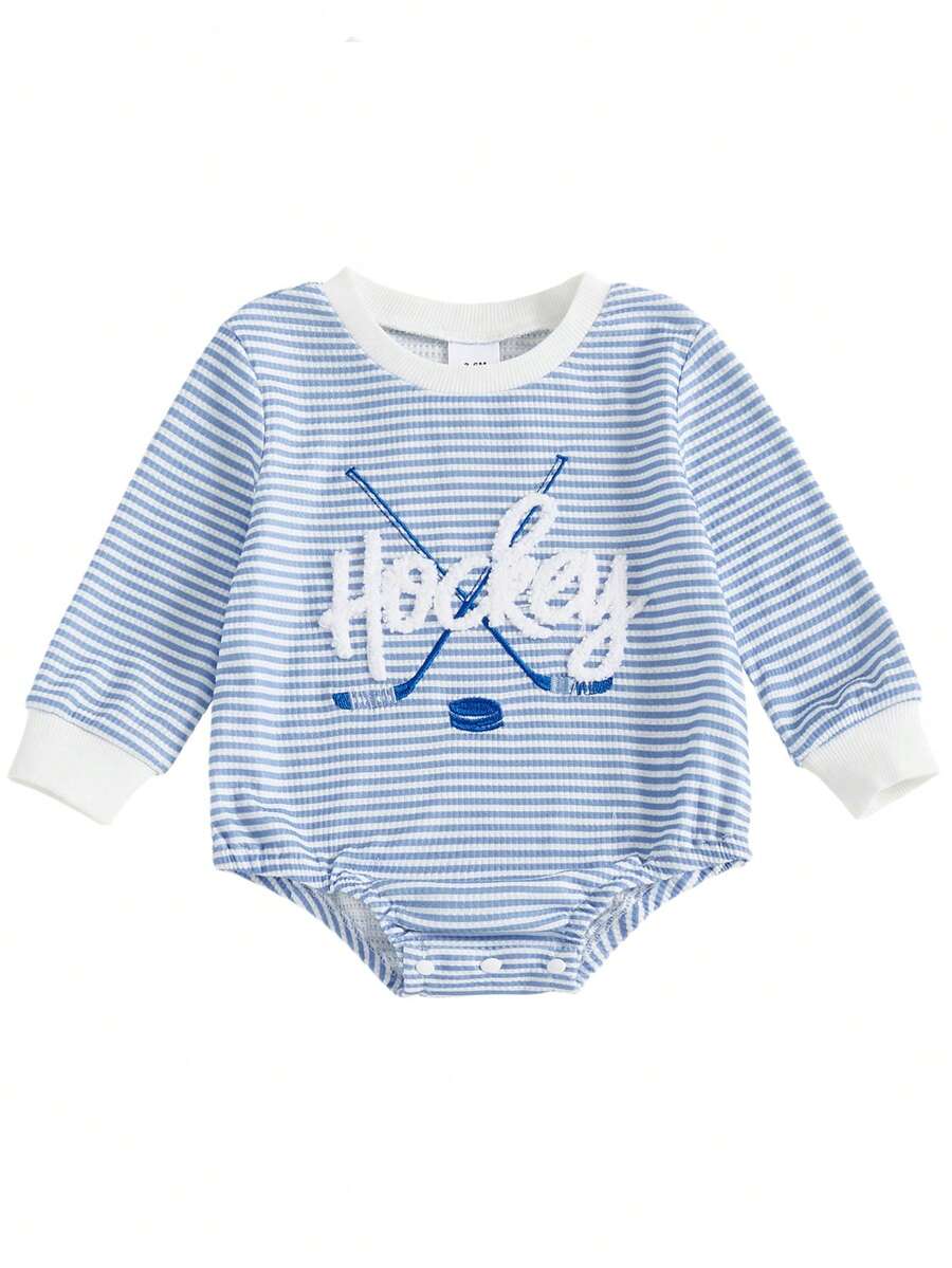 男婴条纹撞色圆领长袖毛巾布刺绣英文字母足球图案连体衣，秋冬足球假日版 - 霧霾藍 - 查看 1