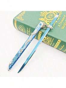 1 件 21 厘米个性化定制闪亮精致高品质合金迷你剑，复古神话奇幻风格，3D 浮雕龙纹，蓝银色调纤细剑身，光滑抛光表面，带可拆卸钥匙扣 - 藍白色 - 查看 2
