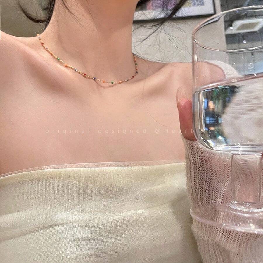 Dây chuyền thép titan đính hạt màu Dopamine mới, dây chuyền xích xương đòn sang trọng tinh tế dành cho nữ - Nhiều màu - Xem 1