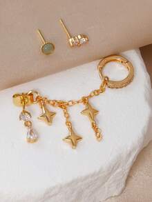 Bộ 3 bông tai hình giọt nước đính đá Cubic Zirconia hình ngôi sao thanh lịch, thích hợp cho phụ nữ đeo hàng ngày, hẹn hò, dự tiệc, lễ hội âm nhạc, hoặc đeo nhiều lớp. - Vàng - Xem 2