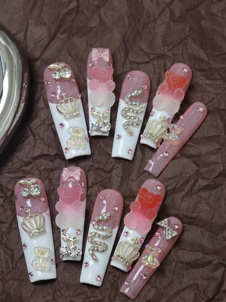 CrystalHola Bộ móng tay Giáng sinh, 10 móng tay giả thủ công, móng kiểu Pháp, bộ dụng cụ làm móng acrylic, móng vuông dán, móng màu hồng, móng dài kiểu ba lê kèm phụ kiện, hình gấu và đá trang trí móng, móng tay lấp lánh cho mùa lễ hội, móng tay dễ thương, phong cách Y2K, phù hợp cho các lễ hội âm nhạc, tiệc tùng và sử dụng hàng ngày, món quà tuyệt vời cho các cô gái và phụ nữ, móng tay năm mới. Dụng cụ làm móng - Nhiều màu - Xem 1