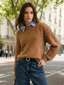 Women's Brown Knit Sweater, Soft Crew Neck Long Sleeve Pullover, Daily Holiday