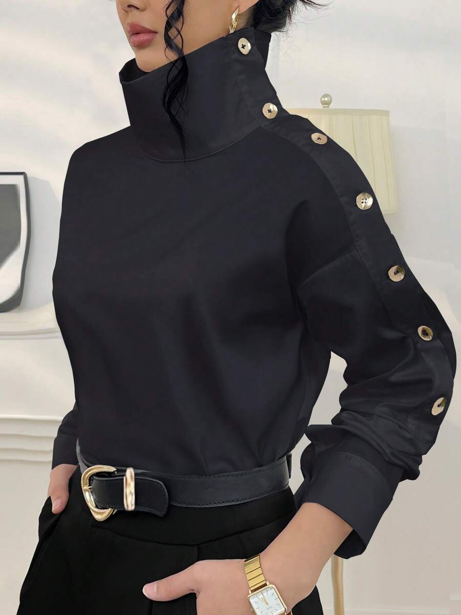 Women's Solid Color Asymmetric Collar Long Sleeve Button Design Casual Shirt Black Spring