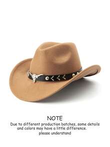 1顶男士涤纶西部牛仔帽，复古风格，男女皆宜，饰有公牛图案，适合休闲穿着、西部牛仔派对、酒吧等场合。