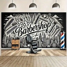 The Background Of The Barber Shop Is A Spotlight, With A View Of Tall Buildings And Various Hair Styling Tools Tapestry Is Highly Suitable For Use As A Festive Wall Decoration, An Outdoor Hanging Item, A Party Backdrop - trắng - Xem 1