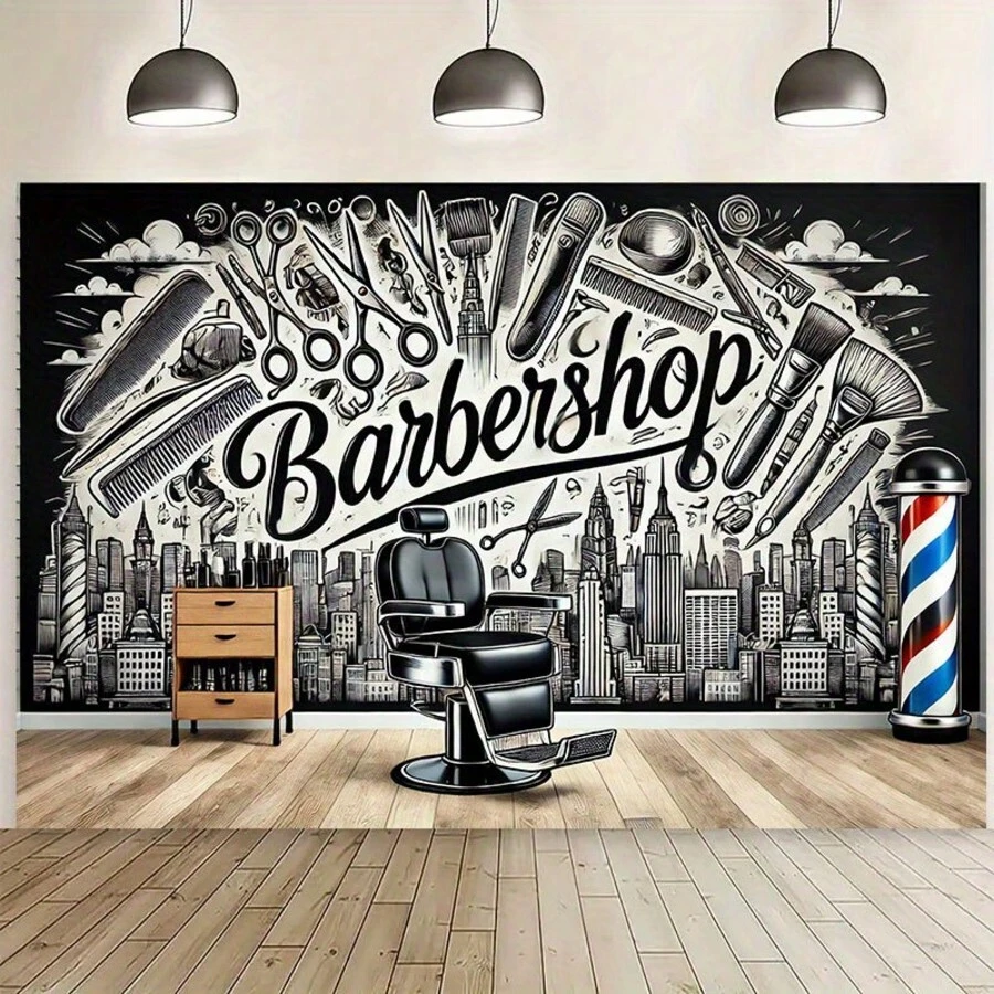 The Background Of The Barber Shop Is A Spotlight, With A View Of Tall Buildings And Various Hair Styling Tools Tapestry Is Highly Suitable For Use As A Festive Wall Decoration, An Outdoor Hanging Item, A Party Backdrop - trắng - Xem 1