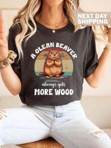 A Clean Beaver Always Gets More Wood Shirt, Funny Dirty Humor Tee, Adult Humor Tee, Gag Shirt, Inappropriate Shirt, Joke Shirt, Gift For Her,100% Cotton Oversized Short Sleeve Classic Heavy Cotton T Shirt Printed Graphic Tee Women's Casual Short-Sleeved Top - 黑色 - 查看 9