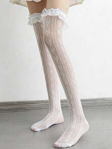 1双女士心形蕾丝过膝长筒袜，荷叶边蝴蝶结装饰，及膝长袜 - 彩色 - 查看 7