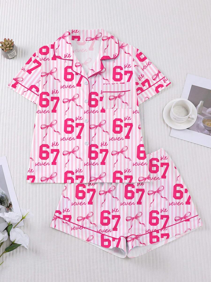 Marira 2pcs Women Sleepwear Set, 67 Pattern Printed, Fashionable Outfit For Holiday Party, Short Sleeve Shirt With Collar & Button And Elastic Shorts, Casual Loungewear For Outdoor & Indoor Wear, All Season - 白色 - 查看 1