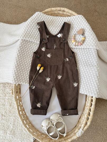 Baby Girls/Boys Casual Corduroy White Overalls With Allover Floral Embroidery, Spring/Autumn