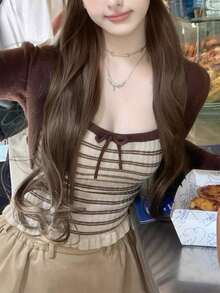 2pcs/Set Women Casual Striped Camisole & Cardigan Sweater Set, Cute For Christmas & New Year, Suitable For Outings, Dates, Afternoon Tea, Spring - Brown - View 11