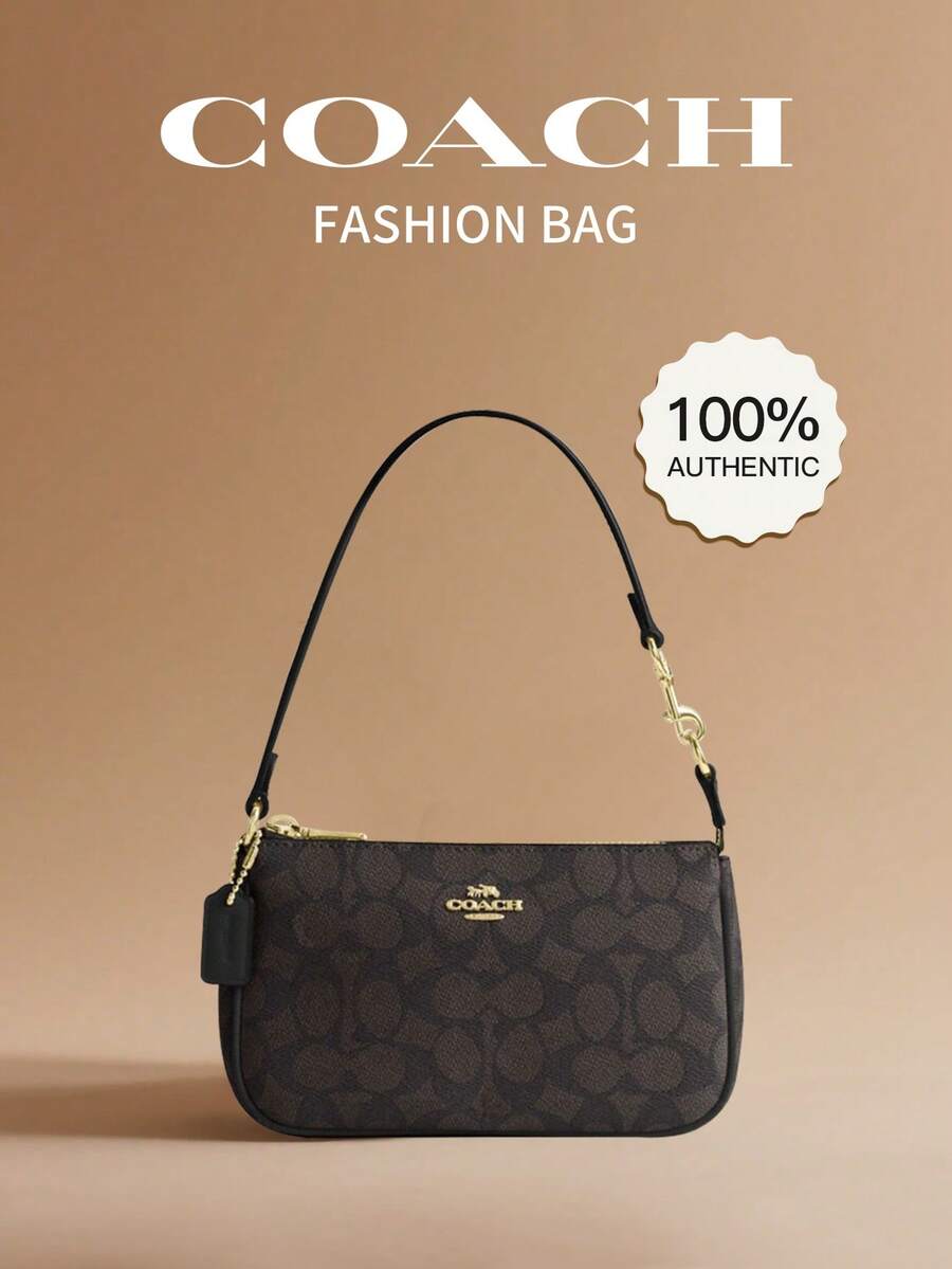 Coach Nolita 19 Shoulder Bag for Women Leather Wristlet Wallet Cute Underarm Hobo Bag Ladies' Casual Clutch Handbag Purse with Zipper Clourse - 胡桃木色拼黑色 - 查看 1