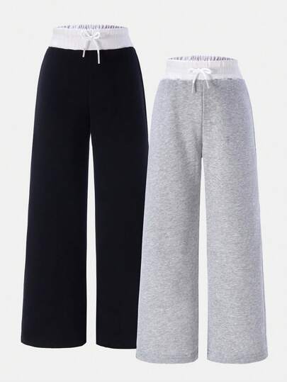 2pcs Black & Gray Tween Girl Casual Sports Pants, Bow Waist Design, Loose Fit, Elastic Waist, Comfortable Fabric, Suitable For School Uniform, Autumn/Winter & All Seasons, Christmas