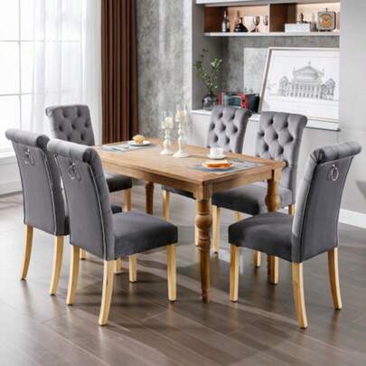 Samt Esszimmerstühle 4er Set Mit Eichenbeinen, Knopf, Chromklopfer Schlafzimmerstuhl Küchenstuhl Wohnzimmer Lounge Freizeitstuhl, Grau