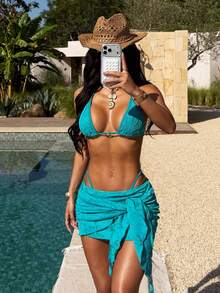 PEPPERMOLLY 2026 SS Women 3-Piece Mesh Bikini Set, Trimmed Top+Low Shorts+Wrap Skirt, Gold Chest Ring, Retro Style, For Beach & Pool. Vacation Summer - Blue-green - View 2