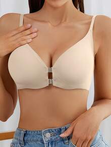 Solid Front Closure Wireless Cami Bra, Sexy Comfy Push Up Bra, Women's Lingerie & Underwear - 杏色 - 查看 5