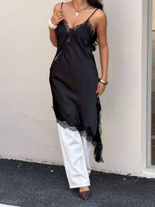 Seelio 夏季新款女士时尚性感不对称黑色蕾丝连衣裙，欧美风格，简约设计，适合派对、聚会、新年庆祝活动 - 黑色 - 查看 9