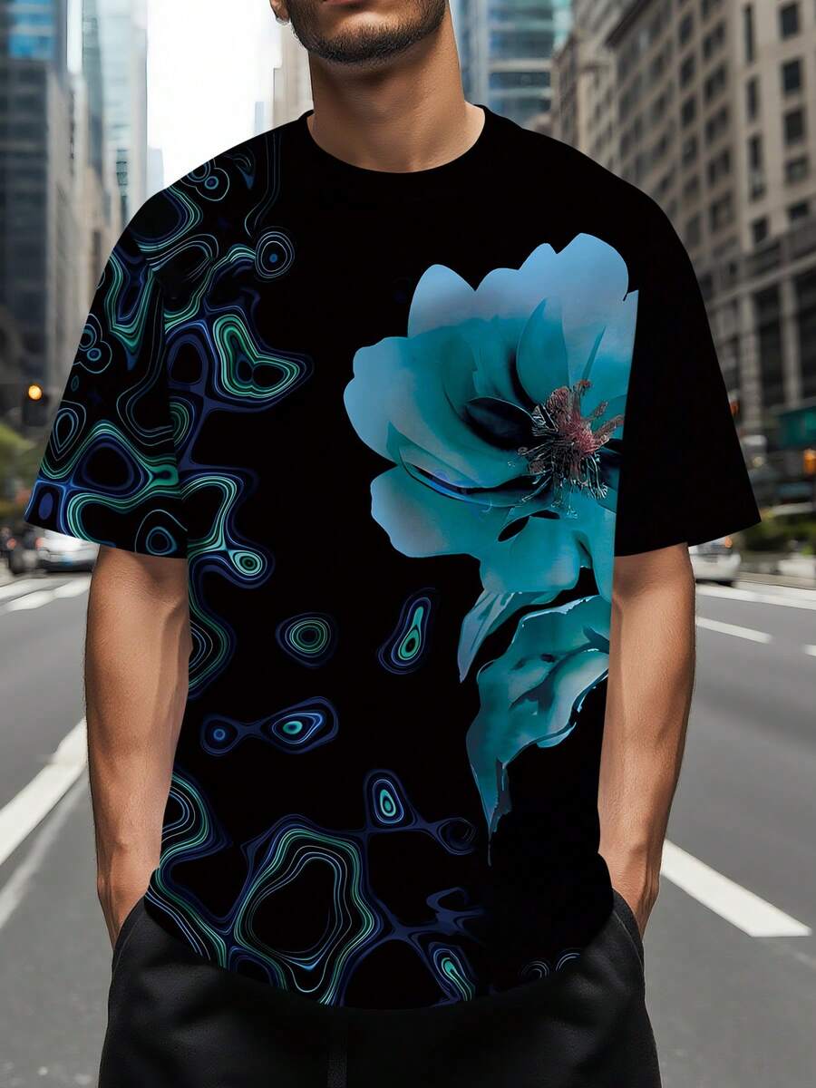 Men's 3D Digital Print Turquoise & Black Abstract Blue Floral T-Shirt - Turquoise Green & Navy Blue Short Sleeve Round Neck, 100% Casual & Statement Party Wear, Machine Washable Bold Turquoise Top For Daily Outfits & Halloween Events, Durable Breathable Fabric With Vibrant 3D Digital Print, Relaxed Fit For Summer & Layering, Turquoise & Black Abstract Flower Design Apparel - 混合色 - 查看 1