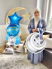 15 piezas Conjunto de globos azules de Ramadán, incluye globos de luna y estrella de Ramadán, globos de pentágono, globos de látex con confeti multicolor, adecuado para fiesta de Eid, celebración de vacaciones, decoración temática de Ramadán Kareem, Ramadán Mubarak, Eid Mubarak - Multicolor - Ver 5