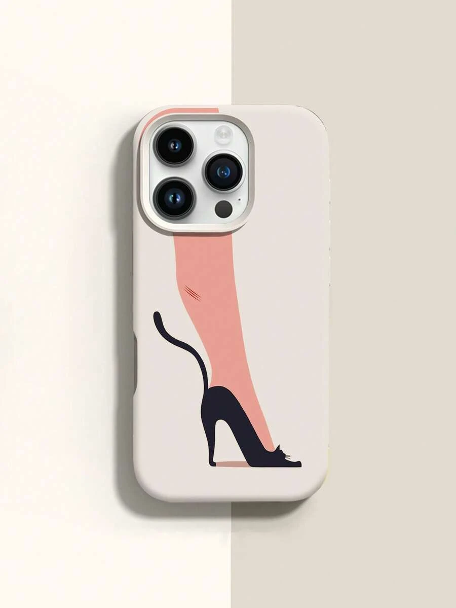 1pc Cat High Heel Pattern, Large Hole Liquid Beige Anti-Drop Phone Protective Case, Silicone Material, Can Be Given As Holiday Gift, Compatible With Apple Xs/Xs Max/Xr/11 12 13 14 15 16 Pro/Pro Max/14 15 16 Plus/17, Unisex - Multicolor - View 1