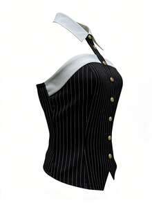 Wiosna/Lato Dopasowany Modny Uniwersalny Bez Rękawów Ściągany w Pasie Dojazdy Codzienne Występy Taniec Uliczny Randka Wakacje Akademik Podróże Kołnierz Halter Złoty Metalowy Guzik Odkryte Plecy Vintage Paski Damski Top - Czarne i Białe - Zobacz 6